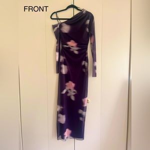Zara Dress Size XS Color is a Deep Plum with Pink and Green Roses